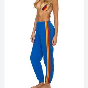 Aviator Nation Blue Joggers with Rainbow Stripe